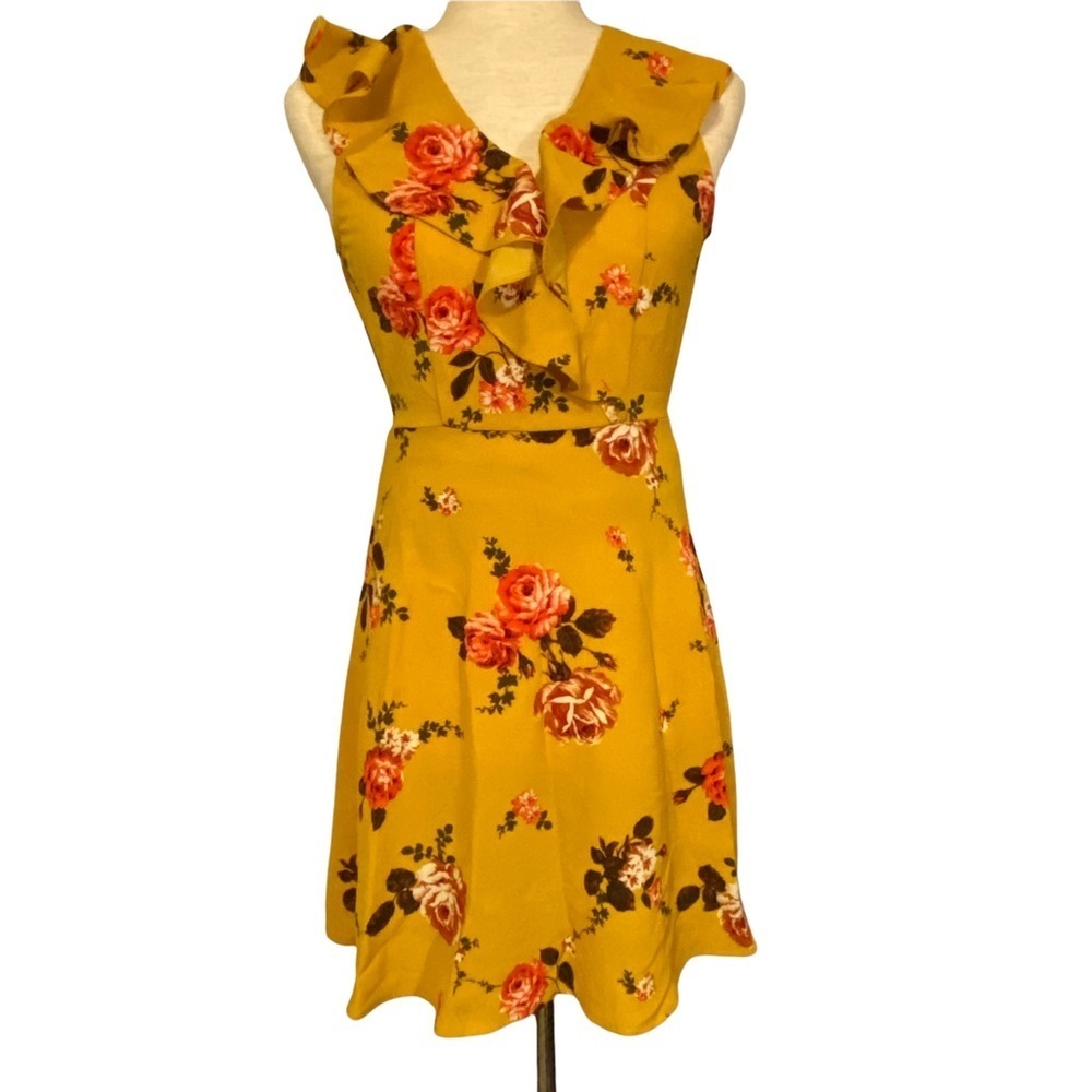 Altar’d‎ State mustard yellow floral sleeveless Ruffle dress XS #AN50008